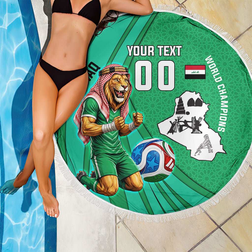 Personalized Iraq World Champions Lion Beach Blanket Funny Lion Mascot Traditional Keffiyeh