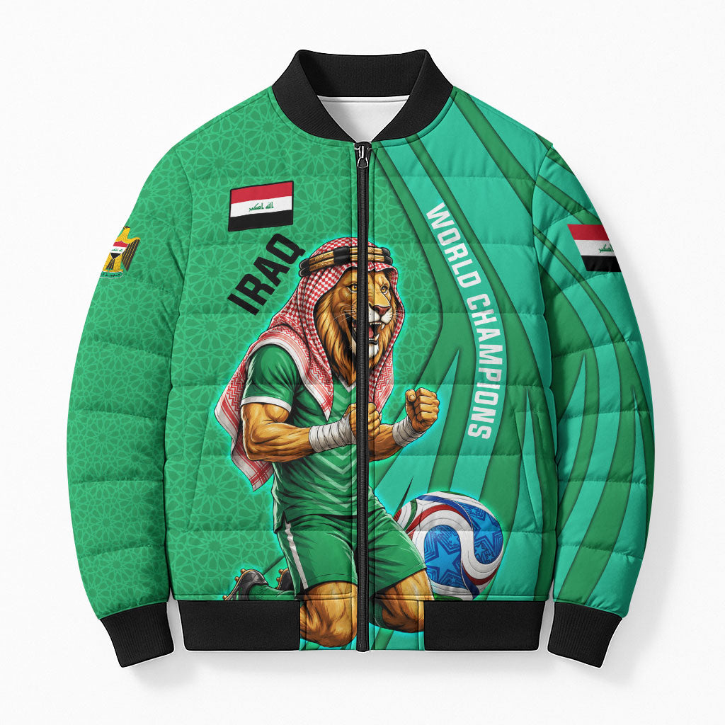 Personalized Iraq World Champions Lion Bomber Puffer Jacket Funny Lion Mascot Traditional Keffiyeh