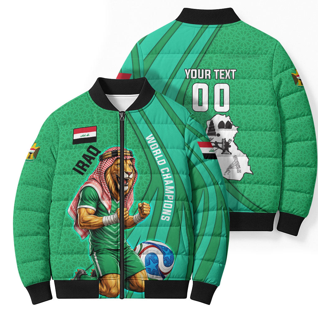 Personalized Iraq World Champions Lion Bomber Puffer Jacket Funny Lion Mascot Traditional Keffiyeh