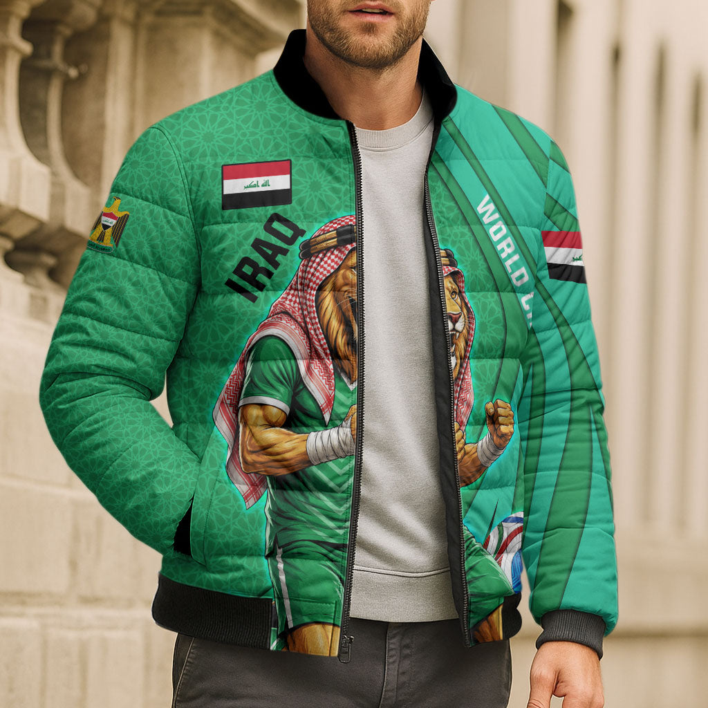 Personalized Iraq World Champions Lion Bomber Puffer Jacket Funny Lion Mascot Traditional Keffiyeh