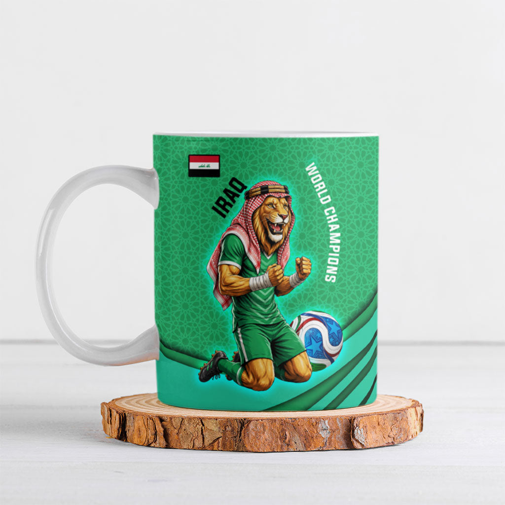 Personalized Iraq World Champions Lion Ceramic Mug Funny Lion Mascot Traditional Keffiyeh