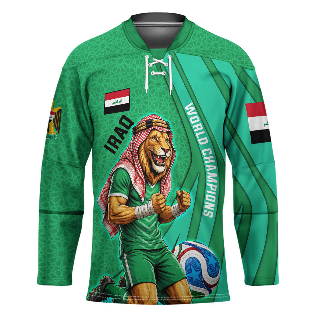 Personalized Iraq World Champions Lion Hockey Jersey Funny Lion Mascot Traditional Keffiyeh
