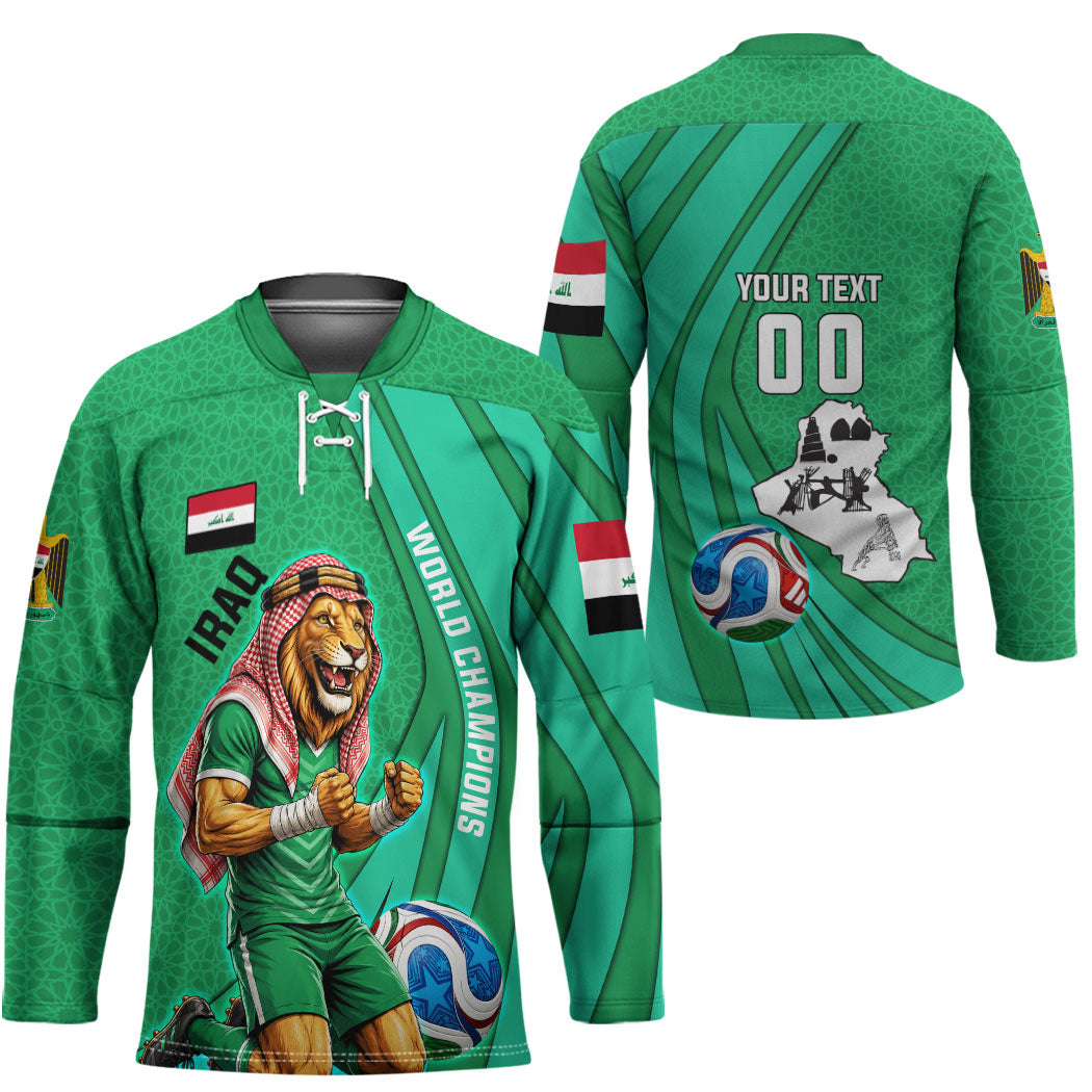 Personalized Iraq World Champions Lion Hockey Jersey Funny Lion Mascot Traditional Keffiyeh