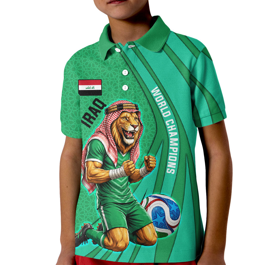 Personalized Iraq World Champions Lion Kid Polo Shirt Funny Lion Mascot Traditional Keffiyeh