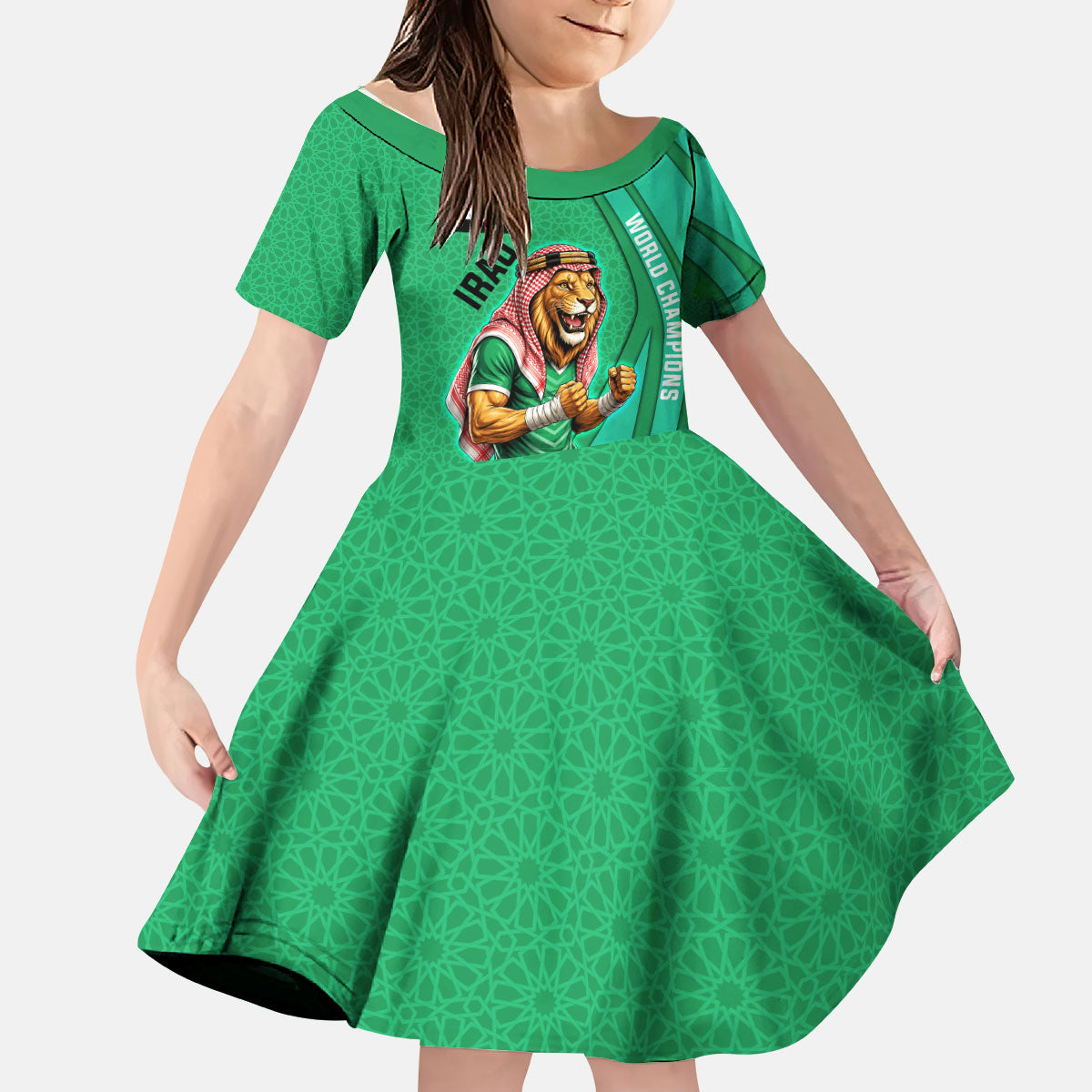 Personalized Iraq World Champions Lion Kid Short Sleeve Dress Funny Lion Mascot Traditional Keffiyeh