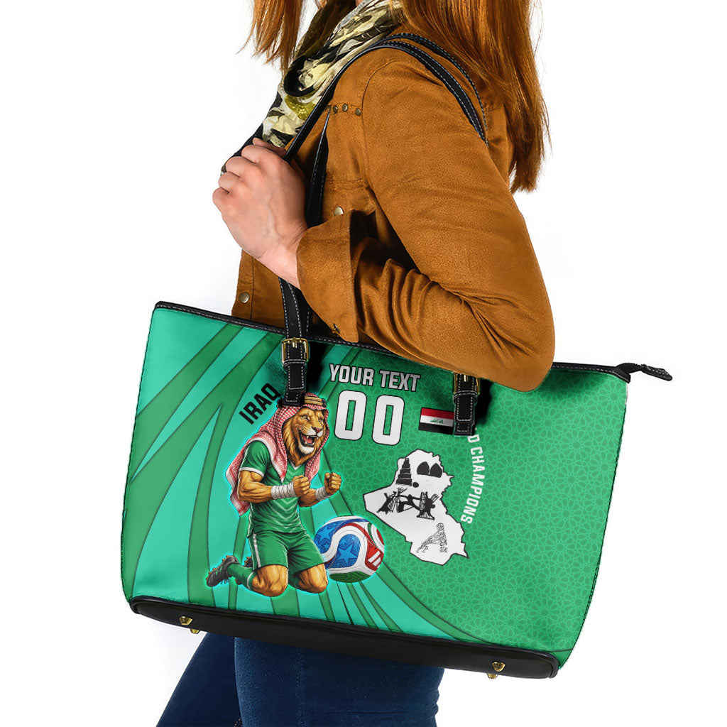 Personalized Iraq World Champions Lion Leather Tote Bag Funny Lion Mascot Traditional Keffiyeh