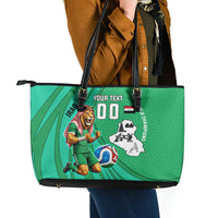 Personalized Iraq World Champions Lion Leather Tote Bag Funny Lion Mascot Traditional Keffiyeh