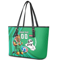 Personalized Iraq World Champions Lion Leather Tote Bag Funny Lion Mascot Traditional Keffiyeh