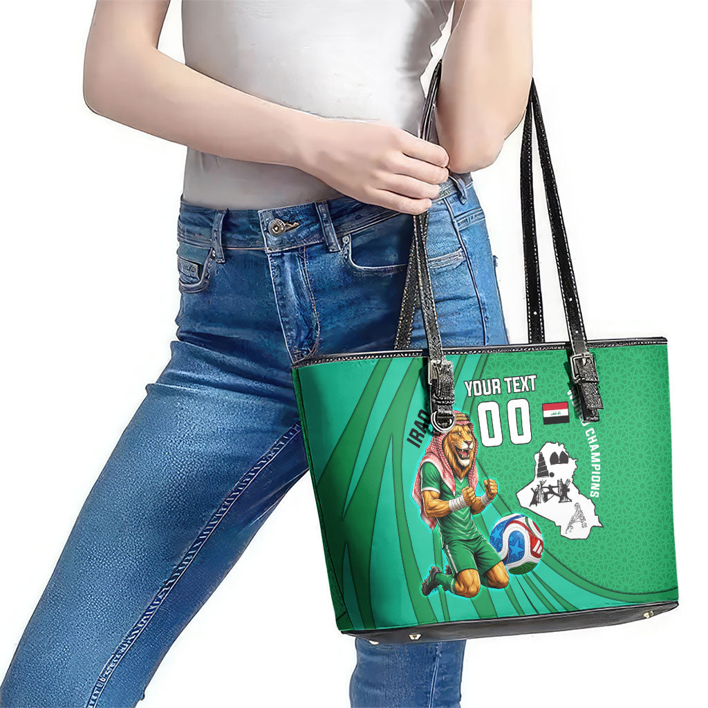 Personalized Iraq World Champions Lion Leather Tote Bag Funny Lion Mascot Traditional Keffiyeh