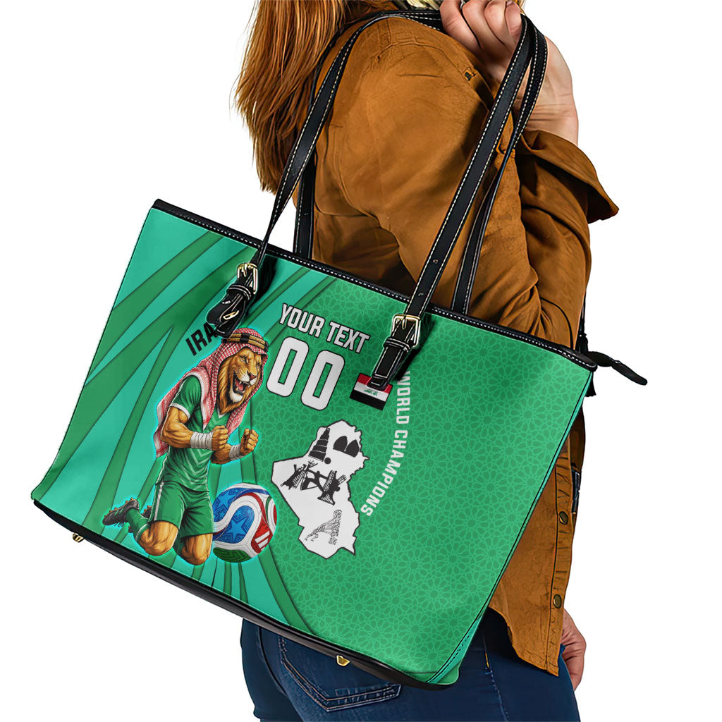 Personalized Iraq World Champions Lion Leather Tote Bag Funny Lion Mascot Traditional Keffiyeh