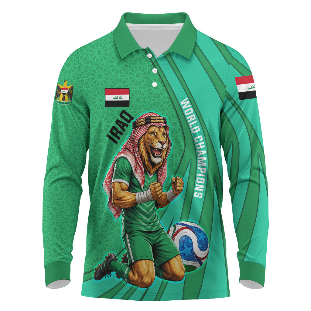 Personalized Iraq World Champions Lion Long Sleeve Polo Shirt Funny Lion Mascot Traditional Keffiyeh