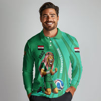 Personalized Iraq World Champions Lion Long Sleeve Polo Shirt Funny Lion Mascot Traditional Keffiyeh