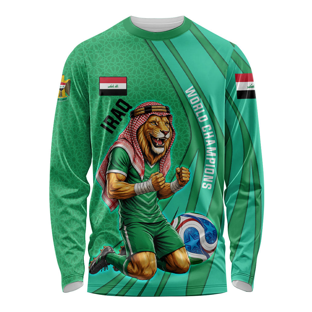 Personalized Iraq World Champions Lion Long Sleeve Shirt Funny Lion Mascot Traditional Keffiyeh