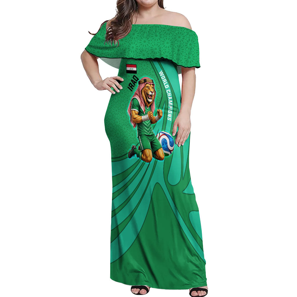 Personalized Iraq World Champions Lion Off Shoulder Maxi Dress Funny Lion Mascot Traditional Keffiyeh