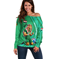 Personalized Iraq World Champions Lion Off Shoulder Sweater Funny Lion Mascot Traditional Keffiyeh