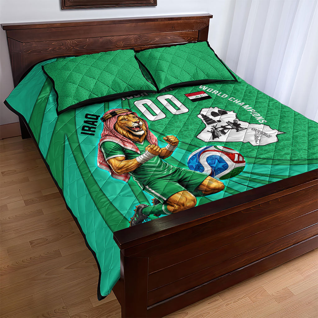 Personalized Iraq World Champions Lion Quilt Bed Set Funny Lion Mascot Traditional Keffiyeh