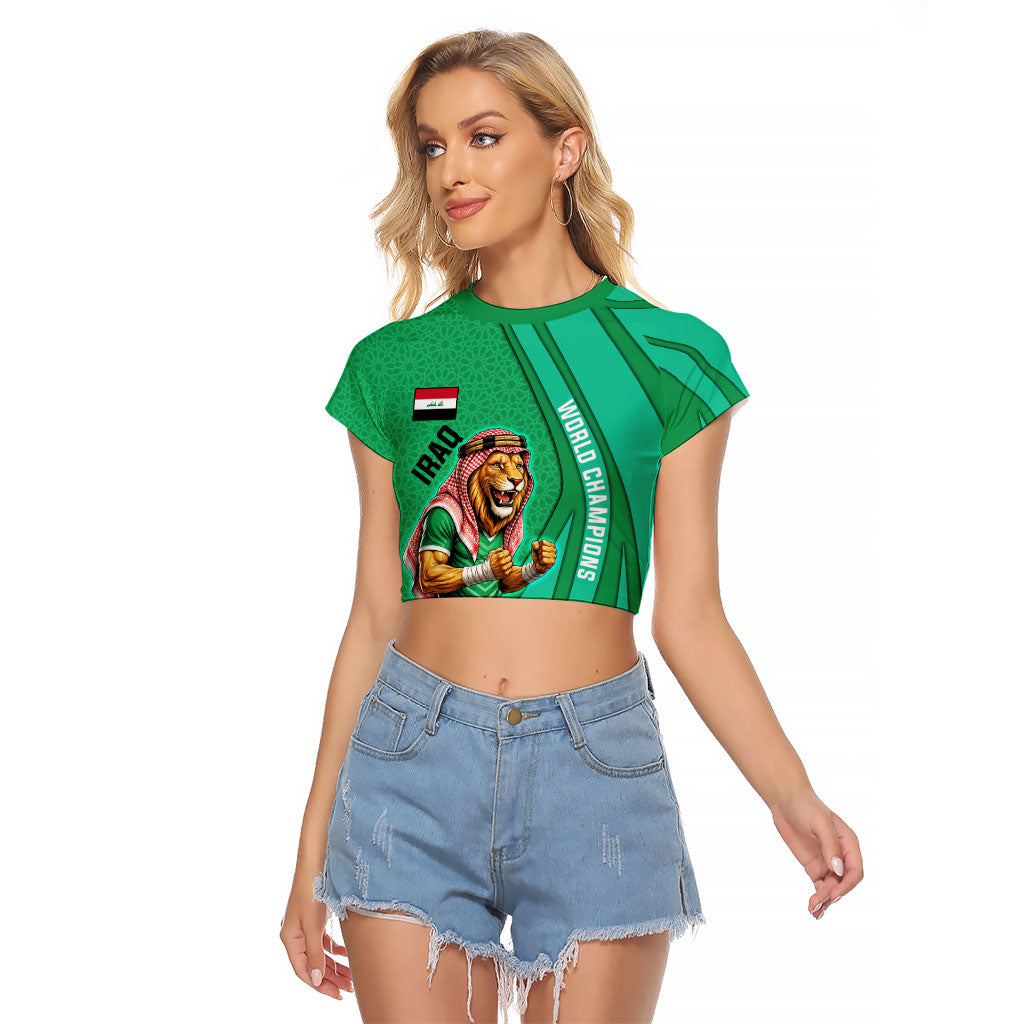 Personalized Iraq World Champions Lion Raglan Cropped T Shirt Funny Lion Mascot Traditional Keffiyeh