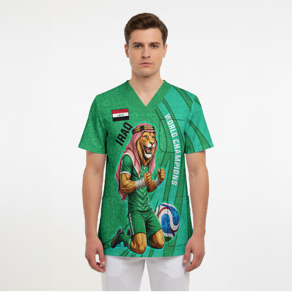 Personalized Iraq World Champions Lion Scrub Top Funny Lion Mascot Traditional Keffiyeh