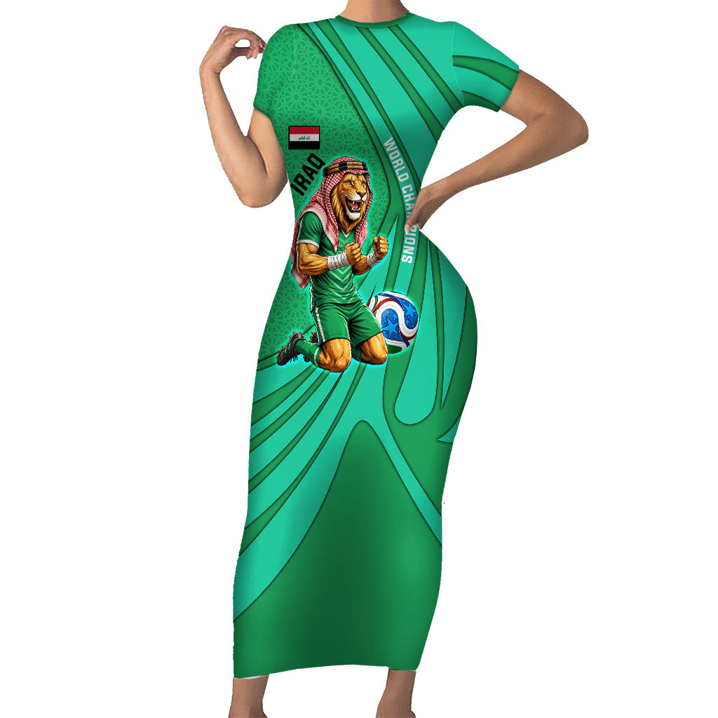 Personalized Iraq World Champions Lion Short Sleeve Bodycon Dress Funny Lion Mascot Traditional Keffiyeh