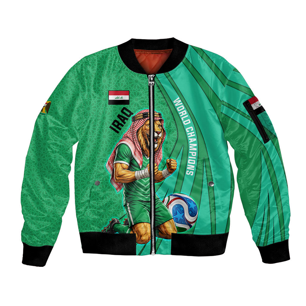 Personalized Iraq World Champions Lion Sleeve Zip Bomber Jacket Funny Lion Mascot Traditional Keffiyeh