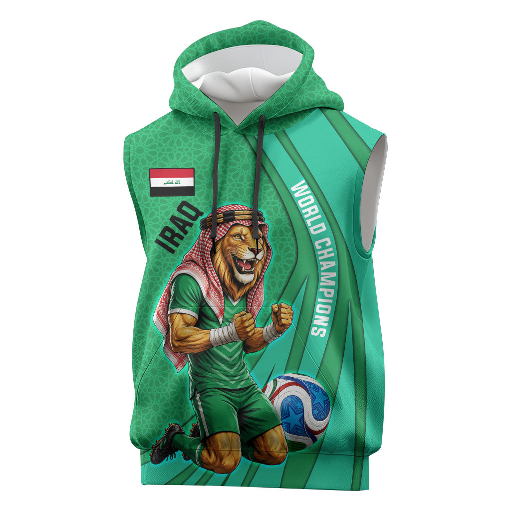 Personalized Iraq World Champions Lion Sleeveless Hoodie Funny Lion Mascot Traditional Keffiyeh