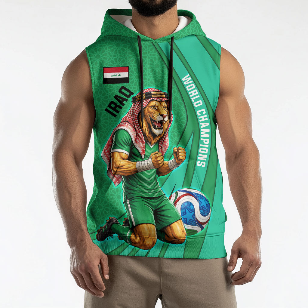 Personalized Iraq World Champions Lion Sleeveless Hoodie Funny Lion Mascot Traditional Keffiyeh
