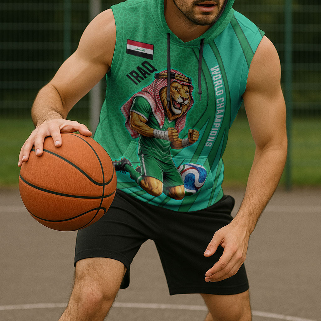Personalized Iraq World Champions Lion Sleeveless Hoodie Funny Lion Mascot Traditional Keffiyeh