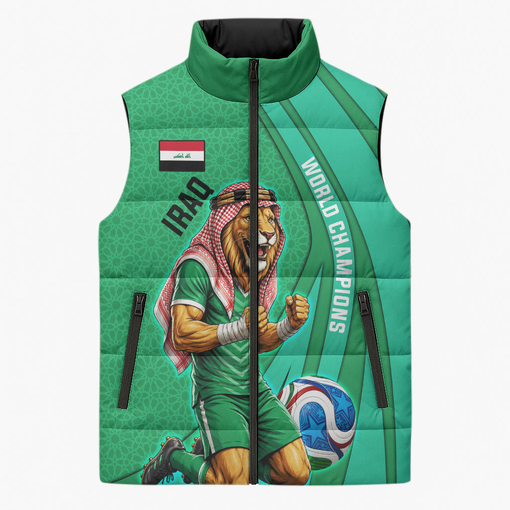 Personalized Iraq World Champions Lion Sleeveless Puffer Jacket Funny Lion Mascot Traditional Keffiyeh