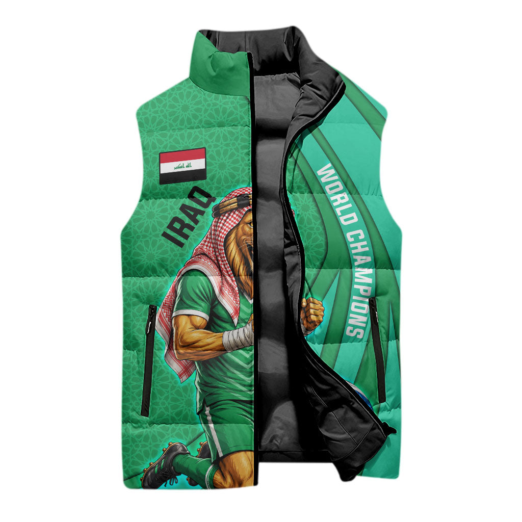 Personalized Iraq World Champions Lion Sleeveless Puffer Jacket Funny Lion Mascot Traditional Keffiyeh
