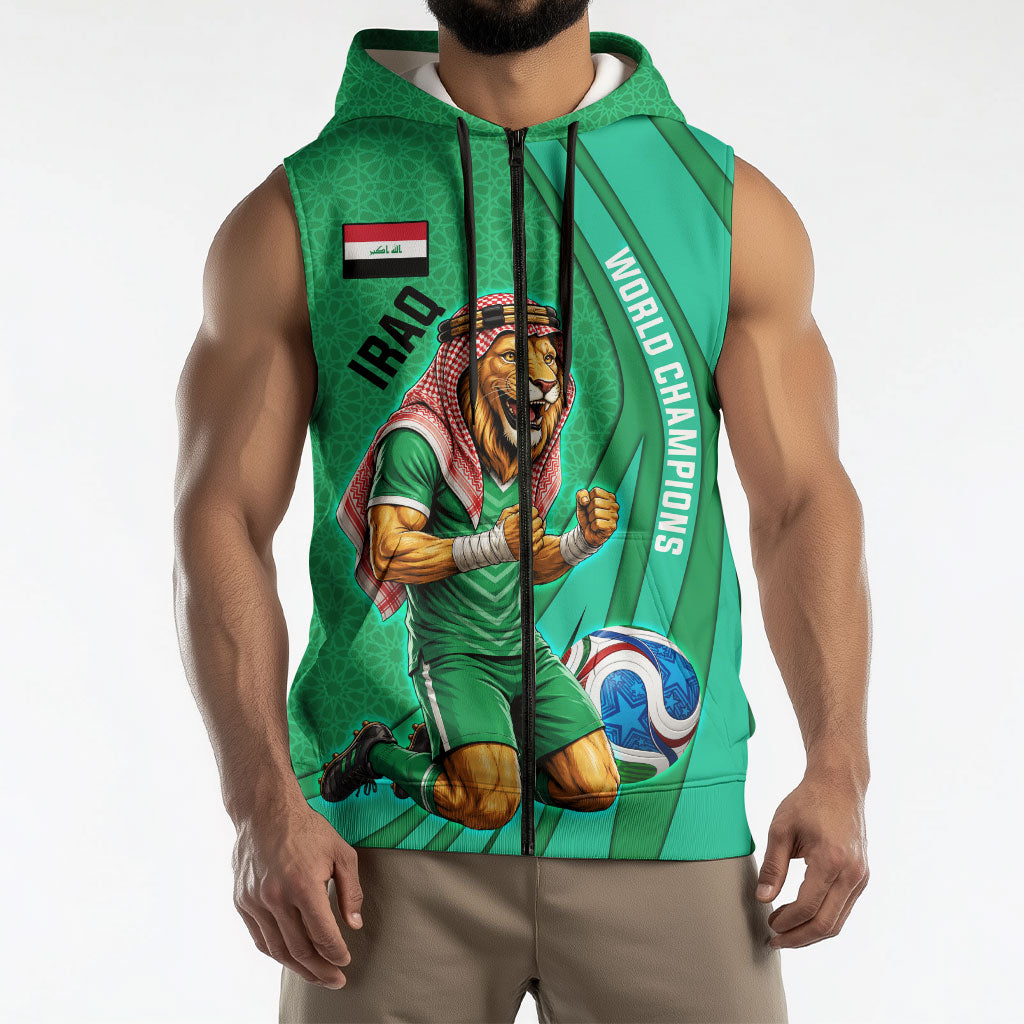 Personalized Iraq World Champions Lion Sleeveless Zip Hoodie Funny Lion Mascot Traditional Keffiyeh