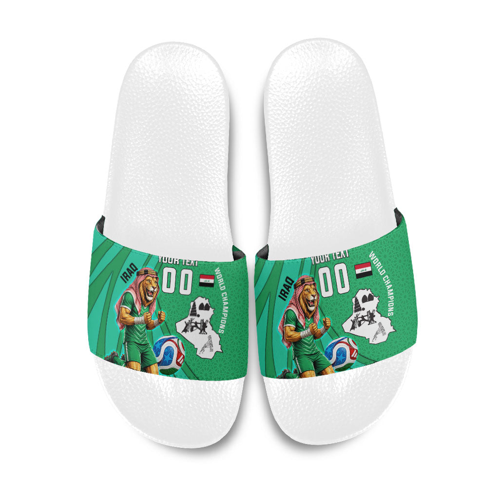 Personalized Iraq World Champions Lion Slide Sandals Funny Lion Mascot Traditional Keffiyeh
