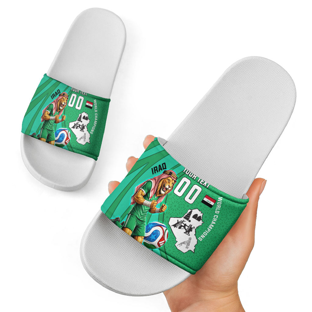 Personalized Iraq World Champions Lion Slide Sandals Funny Lion Mascot Traditional Keffiyeh