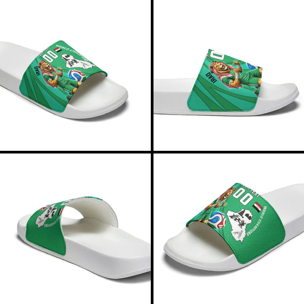 Personalized Iraq World Champions Lion Slide Sandals Funny Lion Mascot Traditional Keffiyeh