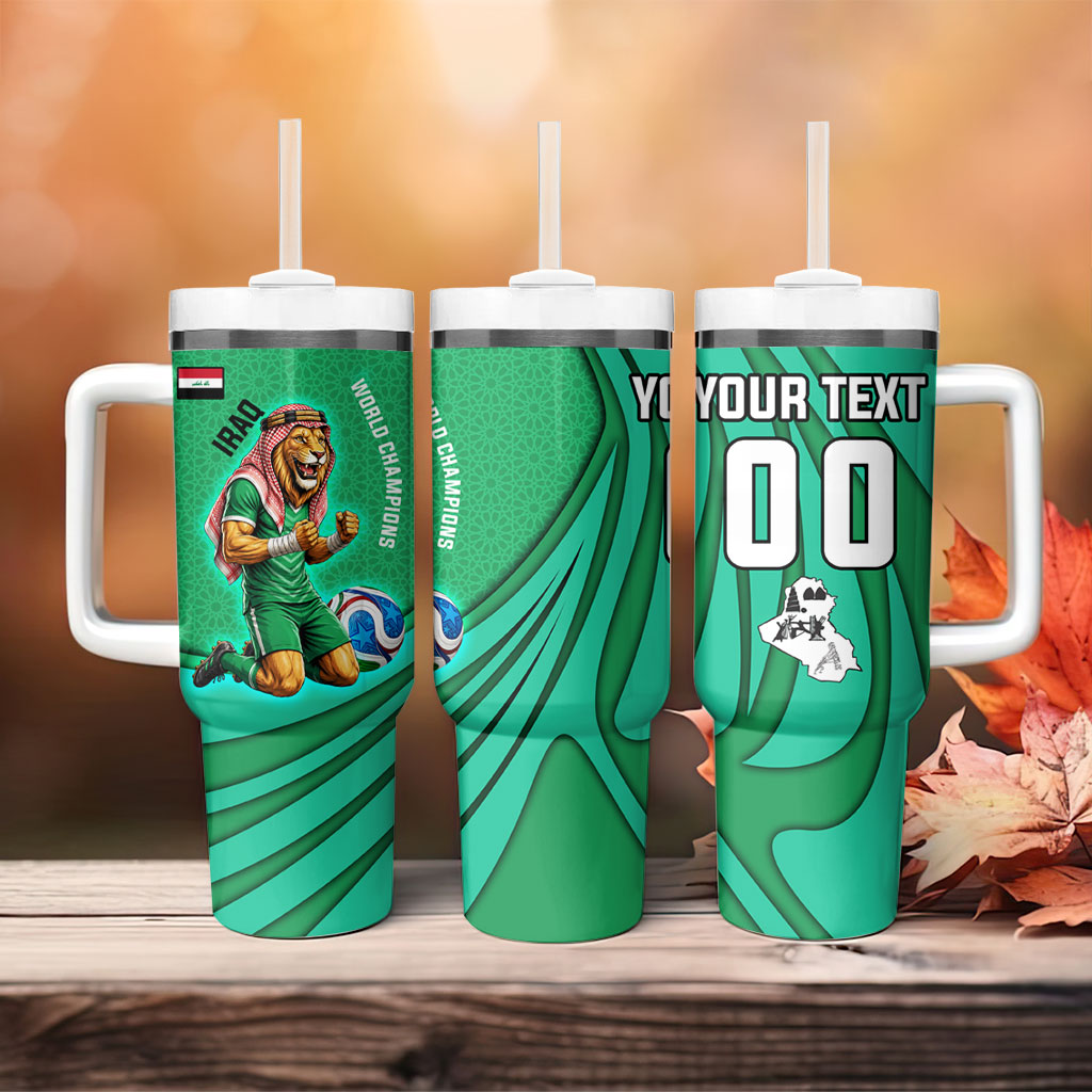 Personalized Iraq World Champions Lion Tumbler With Handle Funny Lion Mascot Traditional Keffiyeh