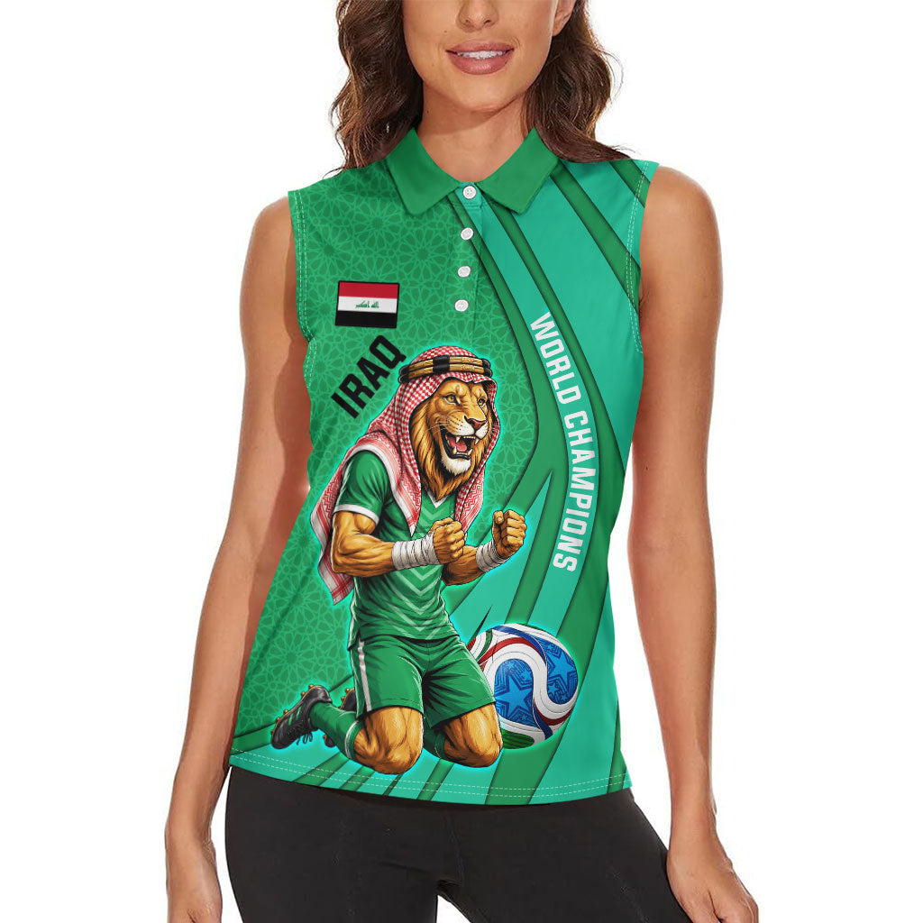 Personalized Iraq World Champions Lion Women Sleeveless Polo Shirt Funny Lion Mascot Traditional Keffiyeh