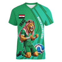 Personalized Iraq World Champions Lion Women V-Neck T-Shirt Funny Lion Mascot Traditional Keffiyeh