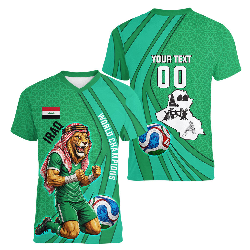 Personalized Iraq World Champions Lion Women V-Neck T-Shirt Funny Lion Mascot Traditional Keffiyeh