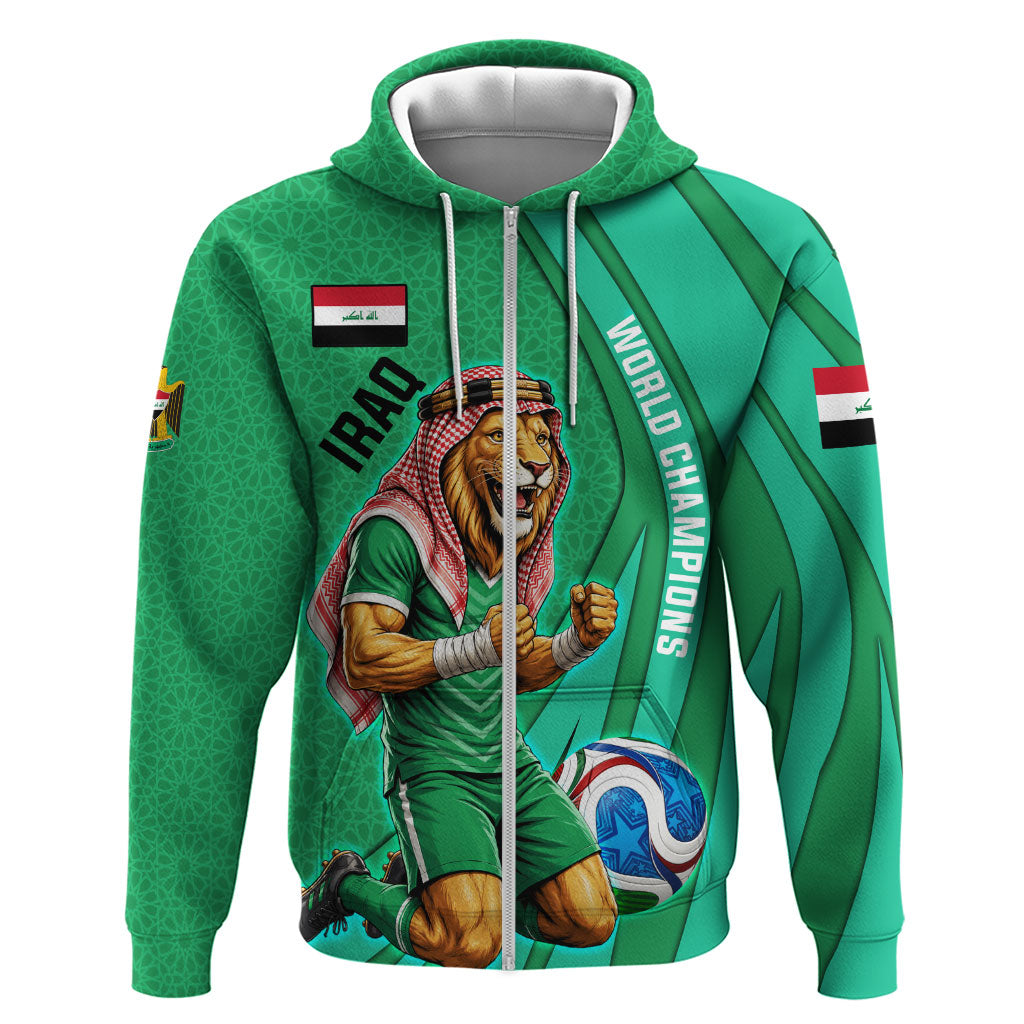 Personalized Iraq World Champions Lion Zip Hoodie Funny Lion Mascot Traditional Keffiyeh