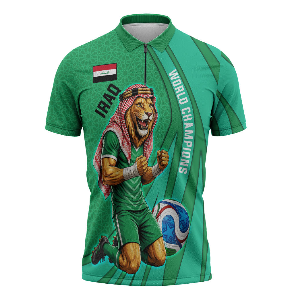 Personalized Iraq World Champions Lion Zipper Polo Shirt Funny Lion Mascot Traditional Keffiyeh