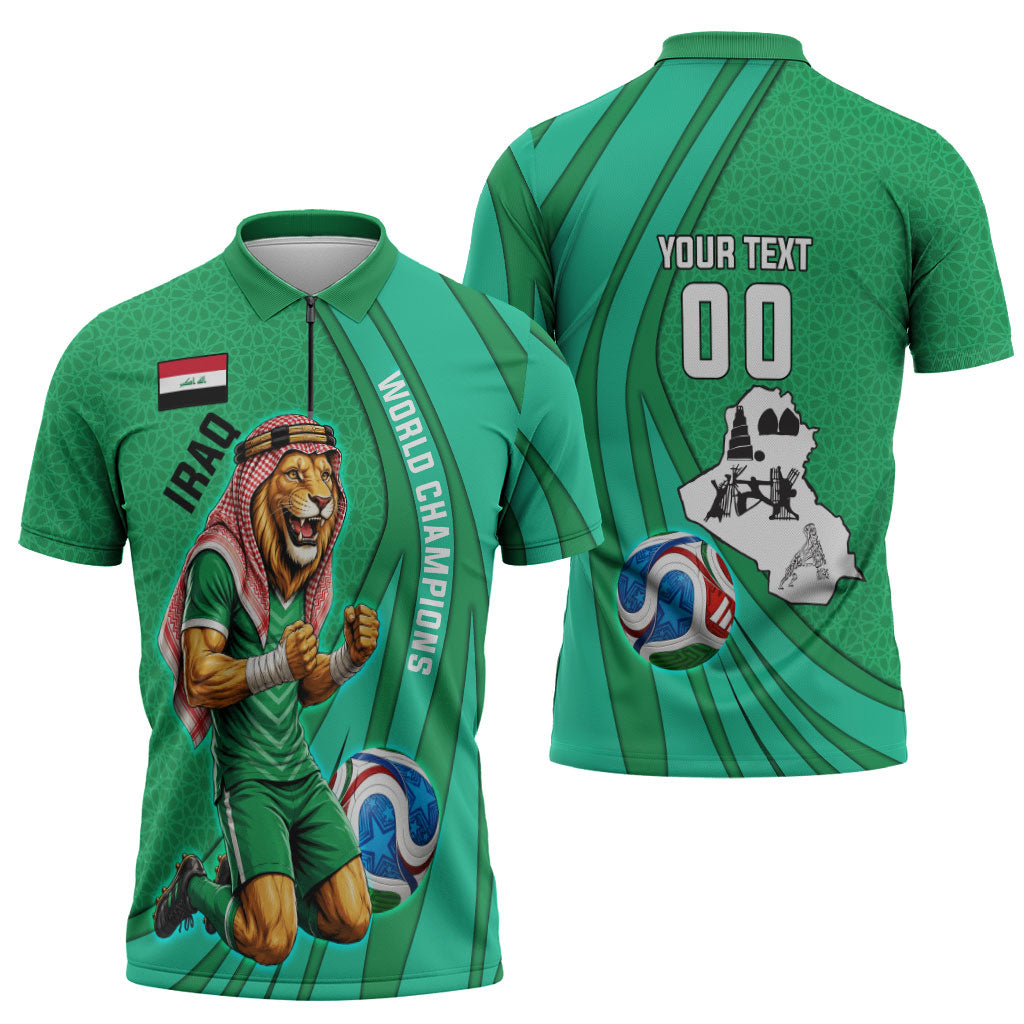 Personalized Iraq World Champions Lion Zipper Polo Shirt Funny Lion Mascot Traditional Keffiyeh