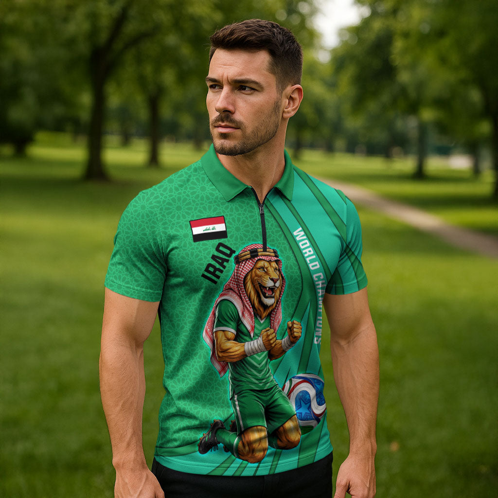 Personalized Iraq World Champions Lion Zipper Polo Shirt Funny Lion Mascot Traditional Keffiyeh