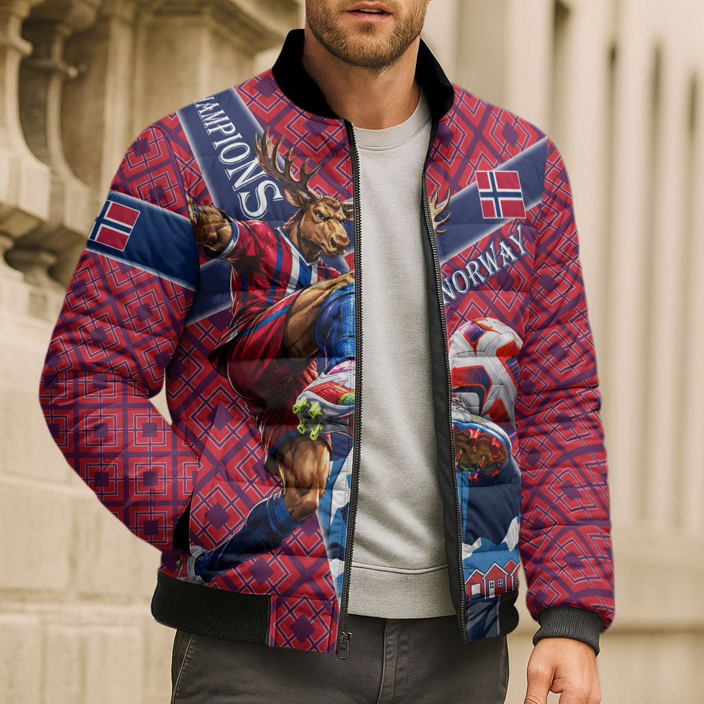 Personalized Norway Soccer Moose Champions Bomber Puffer Jacket Football Nordic Heritage Mountain Art