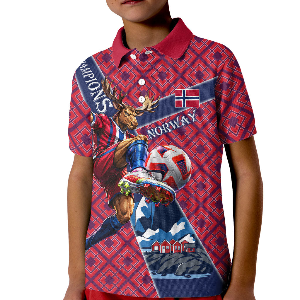 Personalized Norway Soccer Moose Champions Kid Polo Shirt Football Nordic Heritage Mountain Art