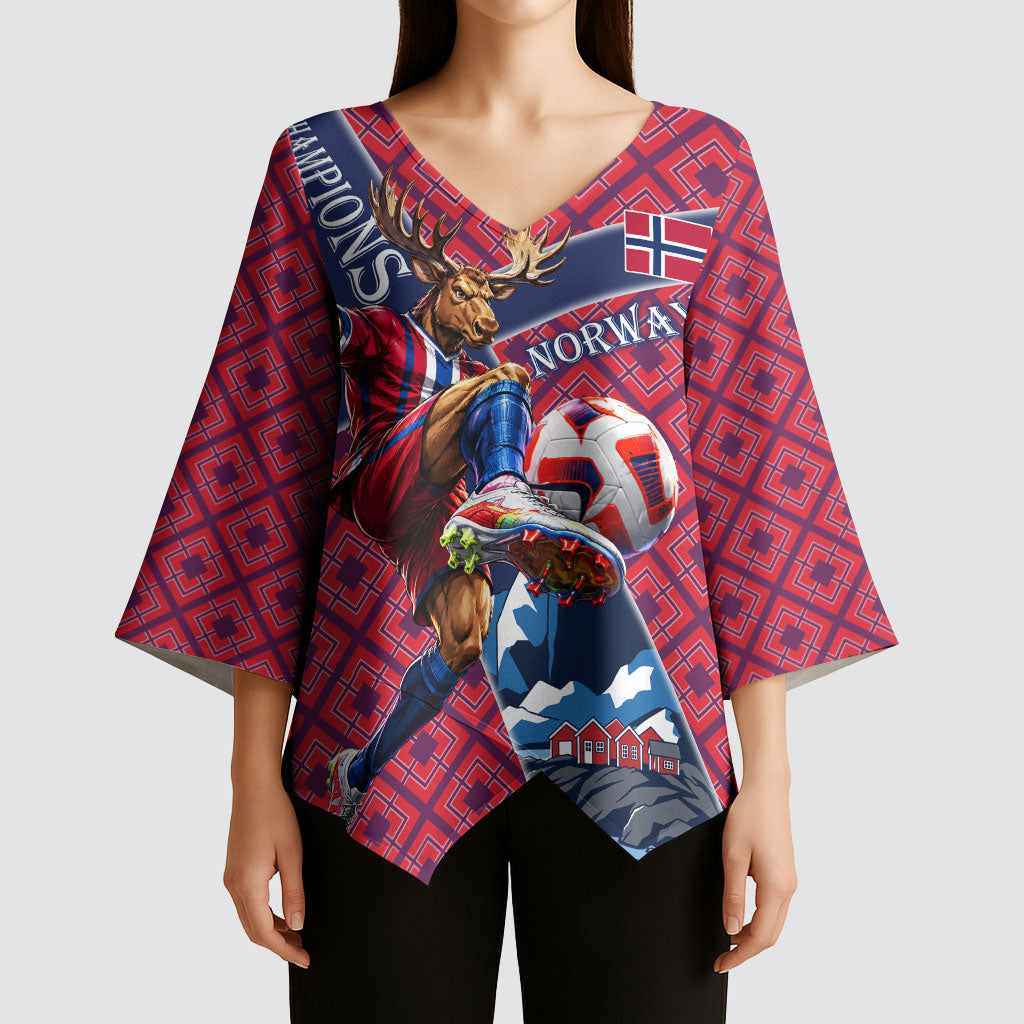 Personalized Norway Soccer Moose Champions Kimono Sleeve Blouse Football Nordic Heritage Mountain Art