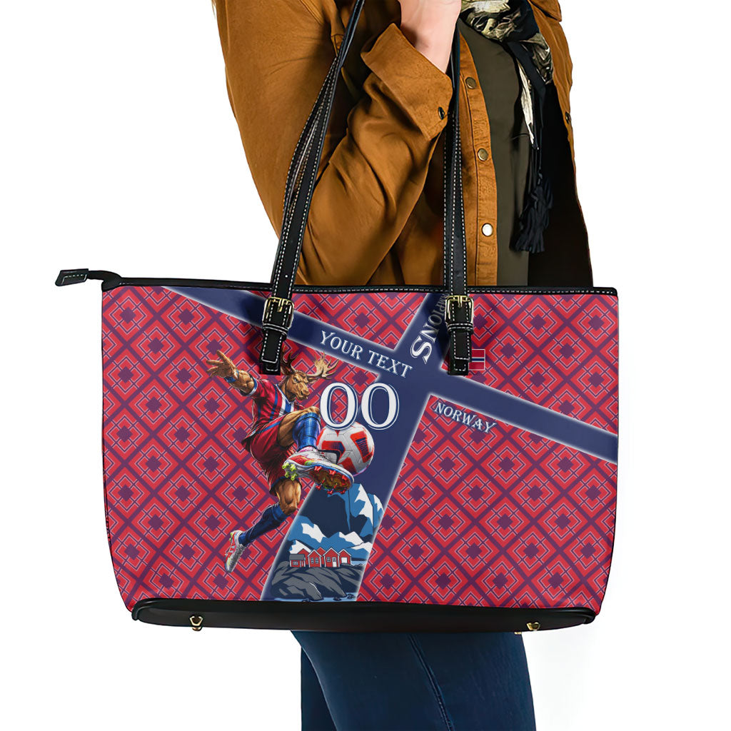 Personalized Norway Soccer Moose Champions Leather Tote Bag Football Nordic Heritage Mountain Art