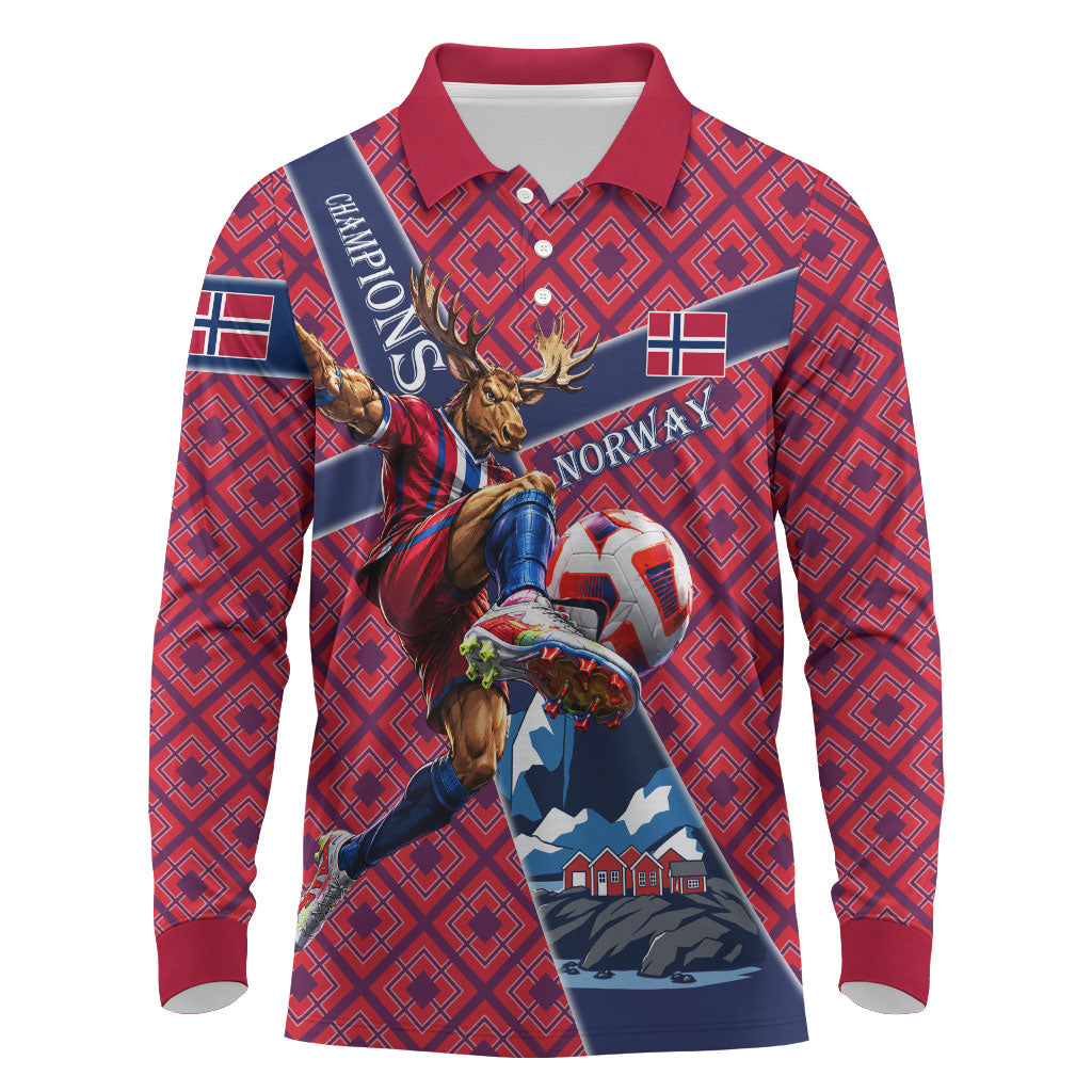 Personalized Norway Soccer Moose Champions Long Sleeve Polo Shirt Football Nordic Heritage Mountain Art