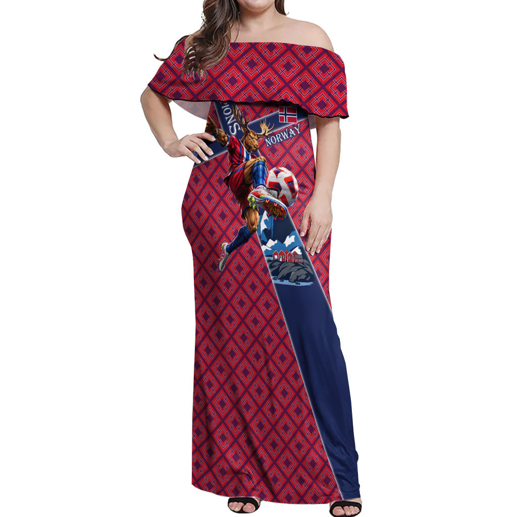 Personalized Norway Soccer Moose Champions Off Shoulder Maxi Dress Football Nordic Heritage Mountain Art