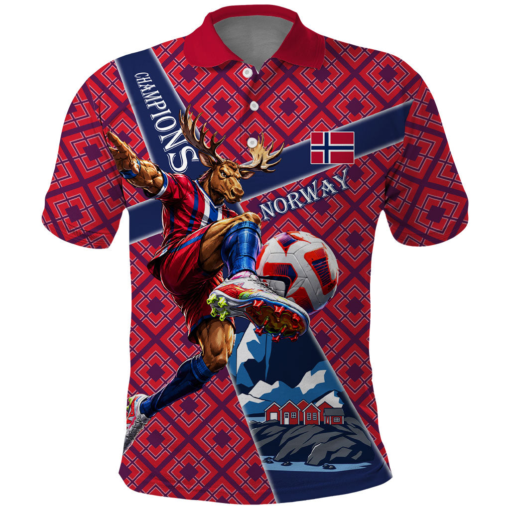 Personalized Norway Soccer Moose Champions Polo Shirt Football Nordic Heritage Mountain Art