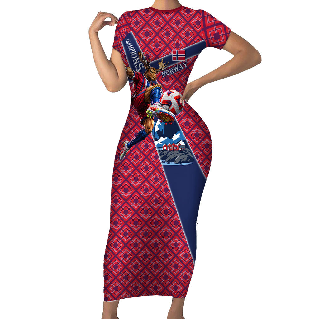 Personalized Norway Soccer Moose Champions Short Sleeve Bodycon Dress Football Nordic Heritage Mountain Art