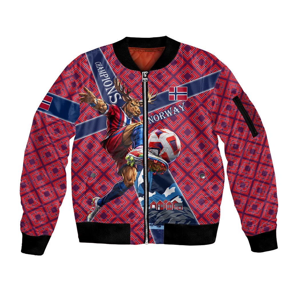 Personalized Norway Soccer Moose Champions Sleeve Zip Bomber Jacket Football Nordic Heritage Mountain Art
